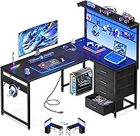 MOTPK 43" Reversible L-Shaped Gaming Desk for Small Rooms: Compact Corner Table with LED Lights, 4 Drawers, Power Outlets, USB Ports, Black