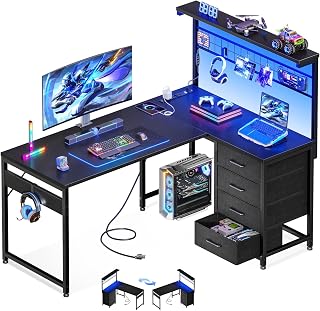 MOTPK 43" Reversible L-Shaped Gaming Desk for Small Rooms: Compact Corner Table with LED Lights, 4 Drawers, Power Outlets, USB Ports, Black