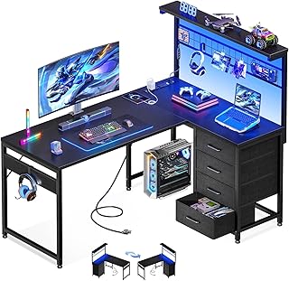 MOTPK 43” L Shaped Gaming Desk for Small Rooms, Compact Corner Computer Table with Shelf & Hutch, 4 Drawers, Reversible Study Desk with LED Light, Power Outlets & USB Ports, Home Office Table, Black