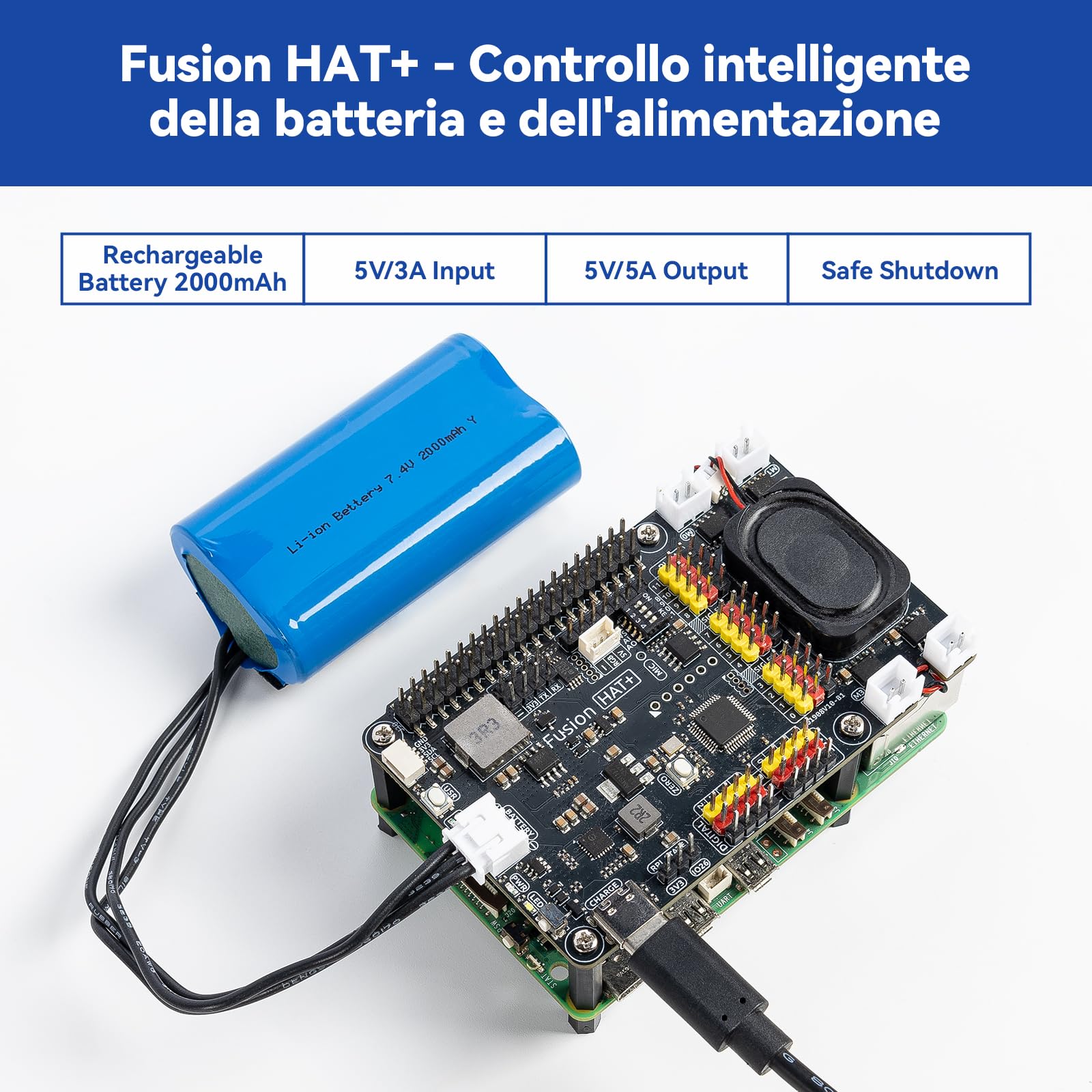 SunFounder Fusion HAT+ scheda di espansione per Raspberry Pi5/4/3B+/Zero 2W,batteria ricaricabile,4 driver motori DC, 12 servo PWM,ADC,altoparlante e microfono,compatibile con AI LLMs(ChatGPT/Gemini)