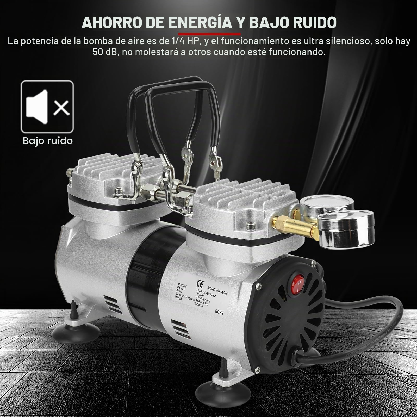 Bomba de aire de vacío sin aceite EVTSCAN 1/4HP Bomba de compresor de aire sin aceite pequeña ultra silenciosa de flujo grande de alta presión(EU 220-240V)