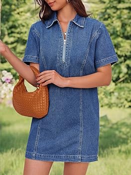 ワンピース Short Sleeve Polo Mini Dress M Fisoew Women's Denim Mini Dress Short Sleeve Summer Casual