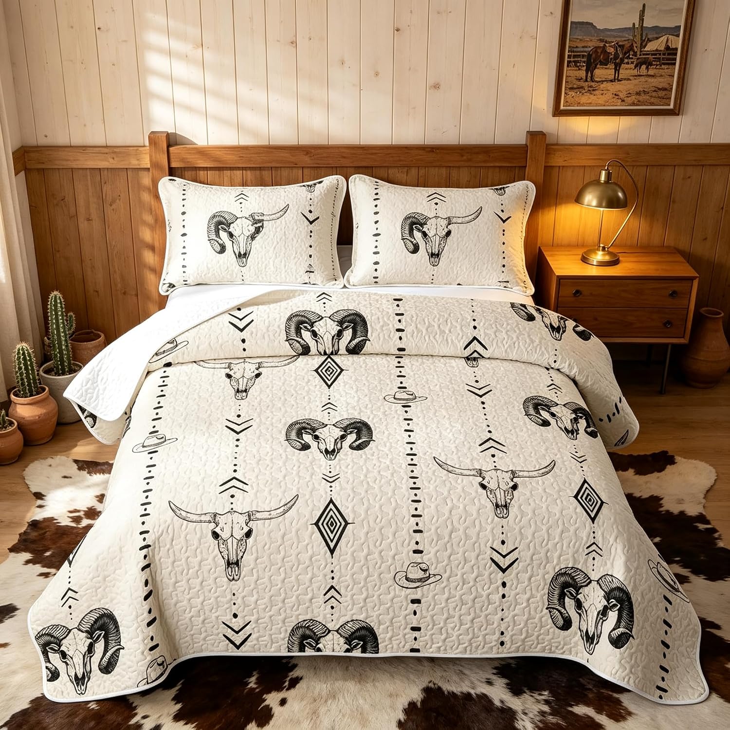 Feelyou Western Quilt Set Cow Skull Quilted Bedspread Lightweight Coverlet Set Full Vintage Cowboy Bedding Set with Pillowcases for All Season Farmhouse Decor Microfiber Bed Decor