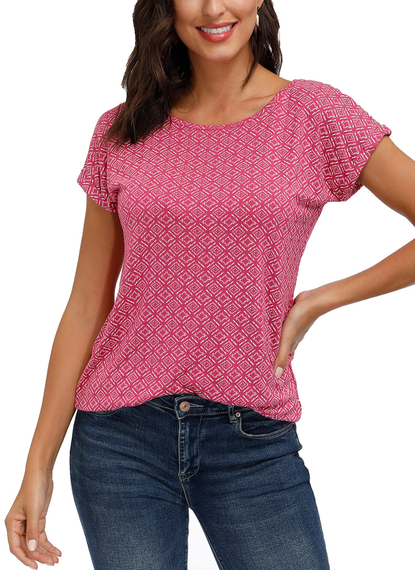TrendiMax Damen T-Shirt Kurzarm Sommer Shirt mit Allover-Minimal Print Stretch Oberteile Bluse Tops Basic Tee