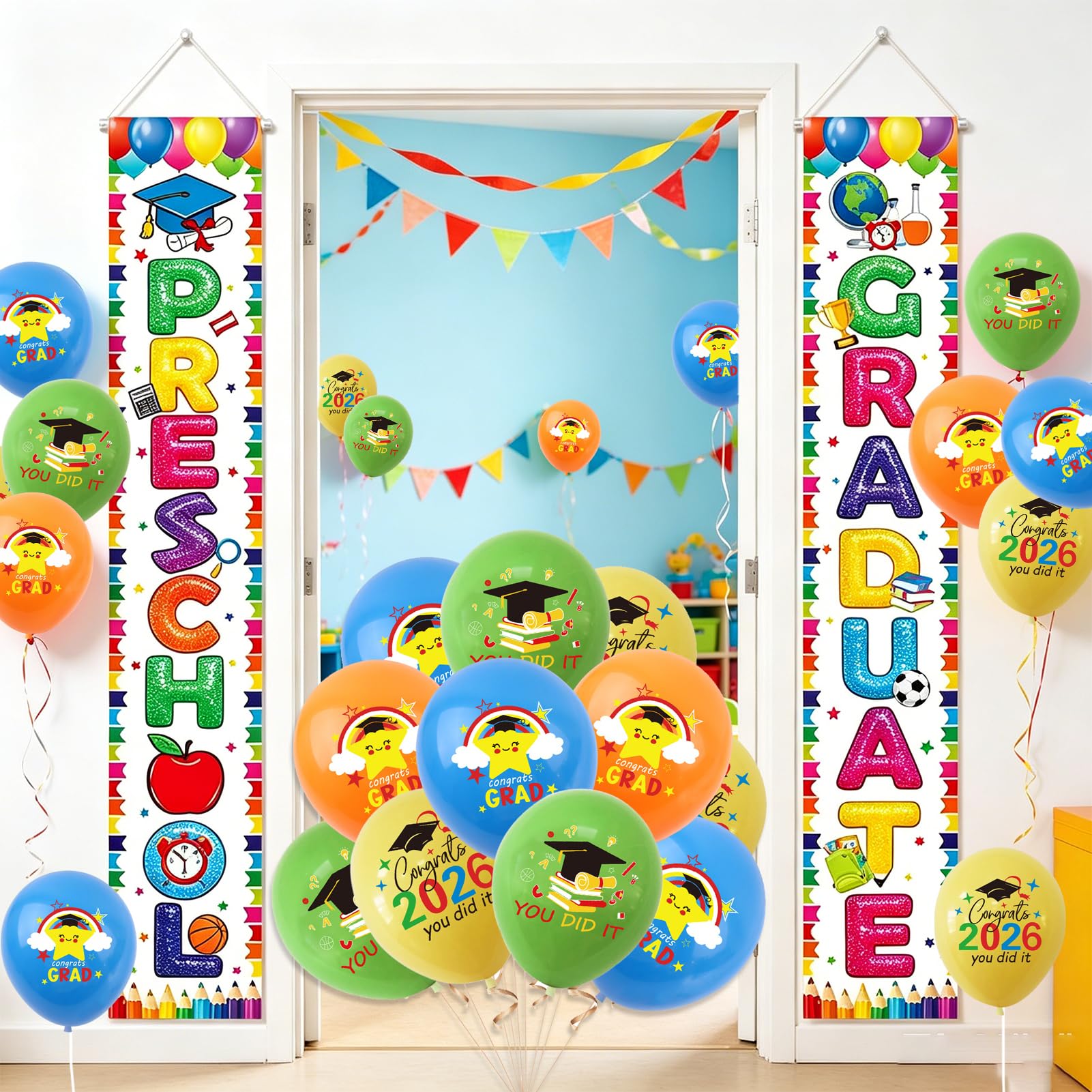 Qpout Class of 2026 Preschool Graduation Decorations,Kindergarten Graduate Porch Sign Door Banner and 20Pcs Balloons for Grad Hanging Decor Elementary Graduation-Party Supplies