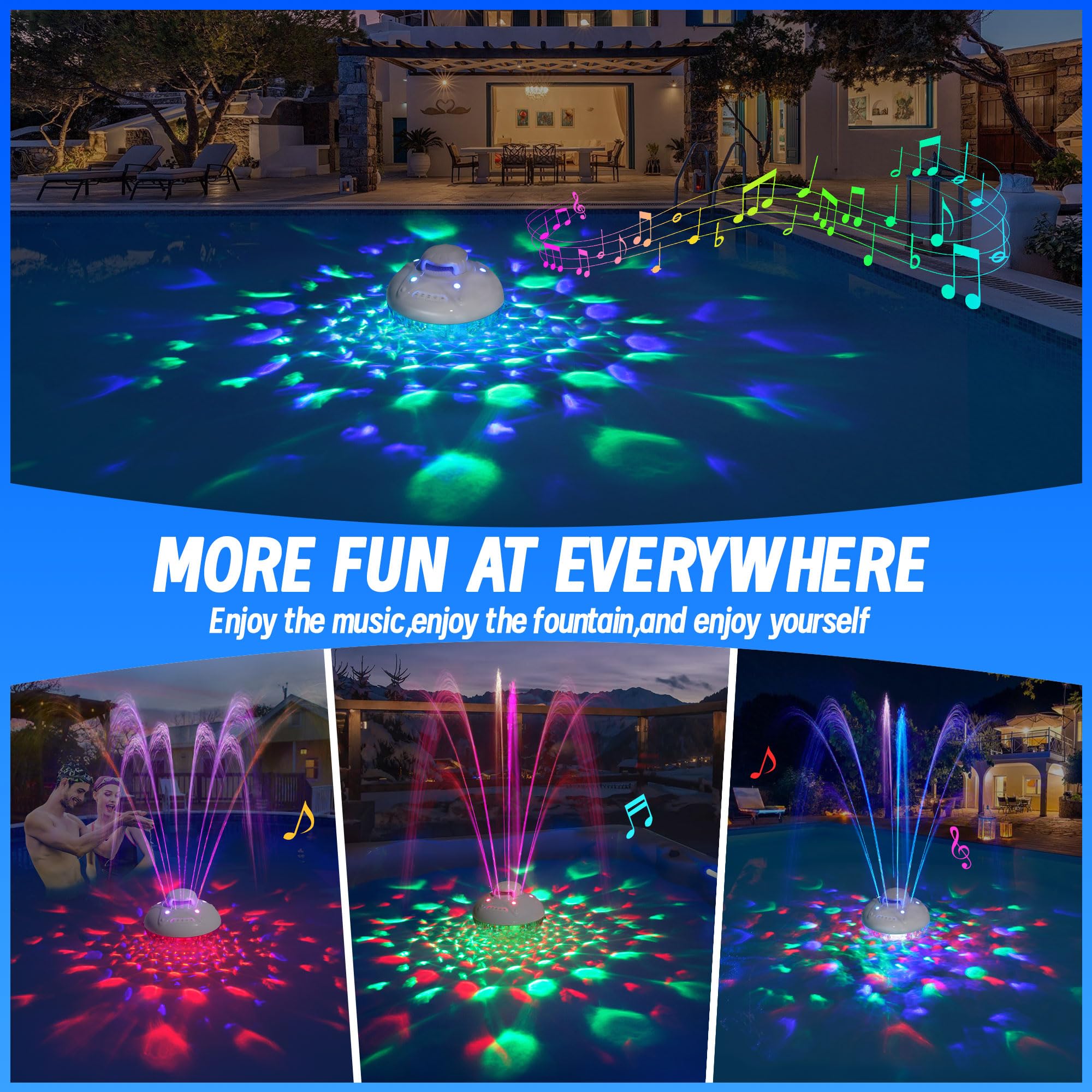 KingSom 3 en 1 Enceinte Bluetooth Piscine avec Fontaine Piscine Lumineuse, 10000mAh Enceinte Piscine Flottante,Haut Parleur Étanche IP68, BT5.4,HD Stéréo,24H d'autonomie Fontaine Piscines Rechargeable