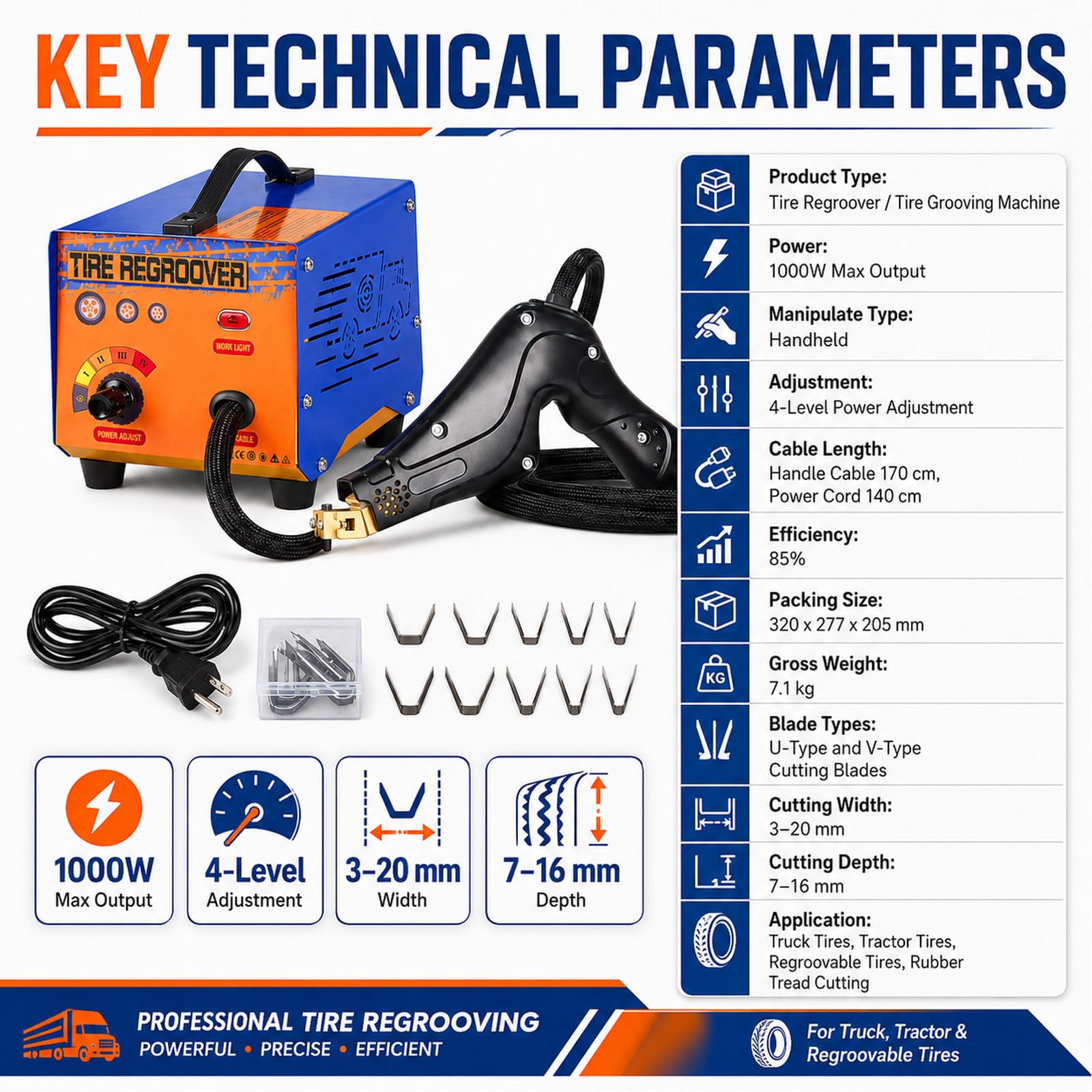 Machine à Rainurer Pneus 1000W avec Lames U/V et Réglage Chaleur 4 Niveaux