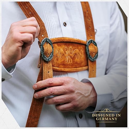 Miniatura 7 de BAVARIA TRACHTEN Lederhosen - Disfraz de Oktoberfest para hombre, piel auténtica, Lederhosen alemán para hombre, color amarillo olivaverde óxido