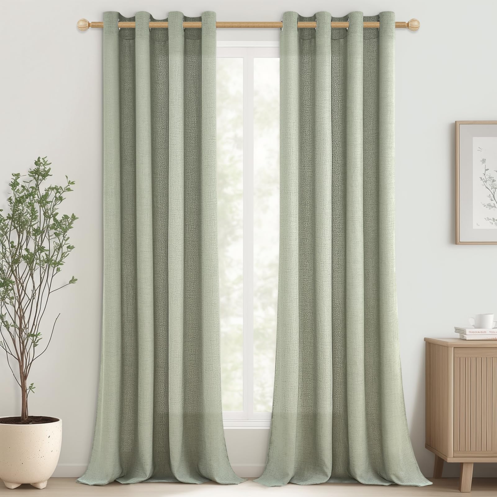 CUTEWIND Extra Lange Gardinen und Vorhänge Leinen Salbeigrün Halbtransparent Schlafzimmer, Gardinen mit Ösen 2er Set, Vorhang Leinenoptik Wohnzimmer 300 cm Lang 140 cm Breit, Gardine Landhaus