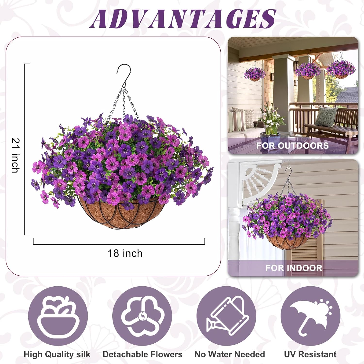 Artificial Silk Flowers Hanging Baskets Outdoors Indoors, Daisy with Eucalyptus Leaves Arrangement for Garden Yard Spring Summer Decor Faux Green Plant Metal Coconut Lining (Dark Purple Purple) - Image 2