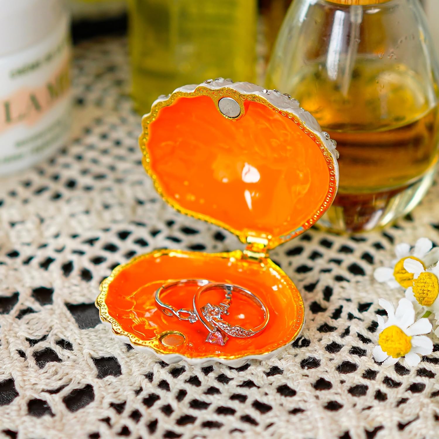 YU FENG 2.3inch Seashell Figurine Trinket Box Hinged Crystals Jeweled Painted Enameled Collectible Ocean Jewelry Box(Dark Blue) Christmas Gift - Image 6