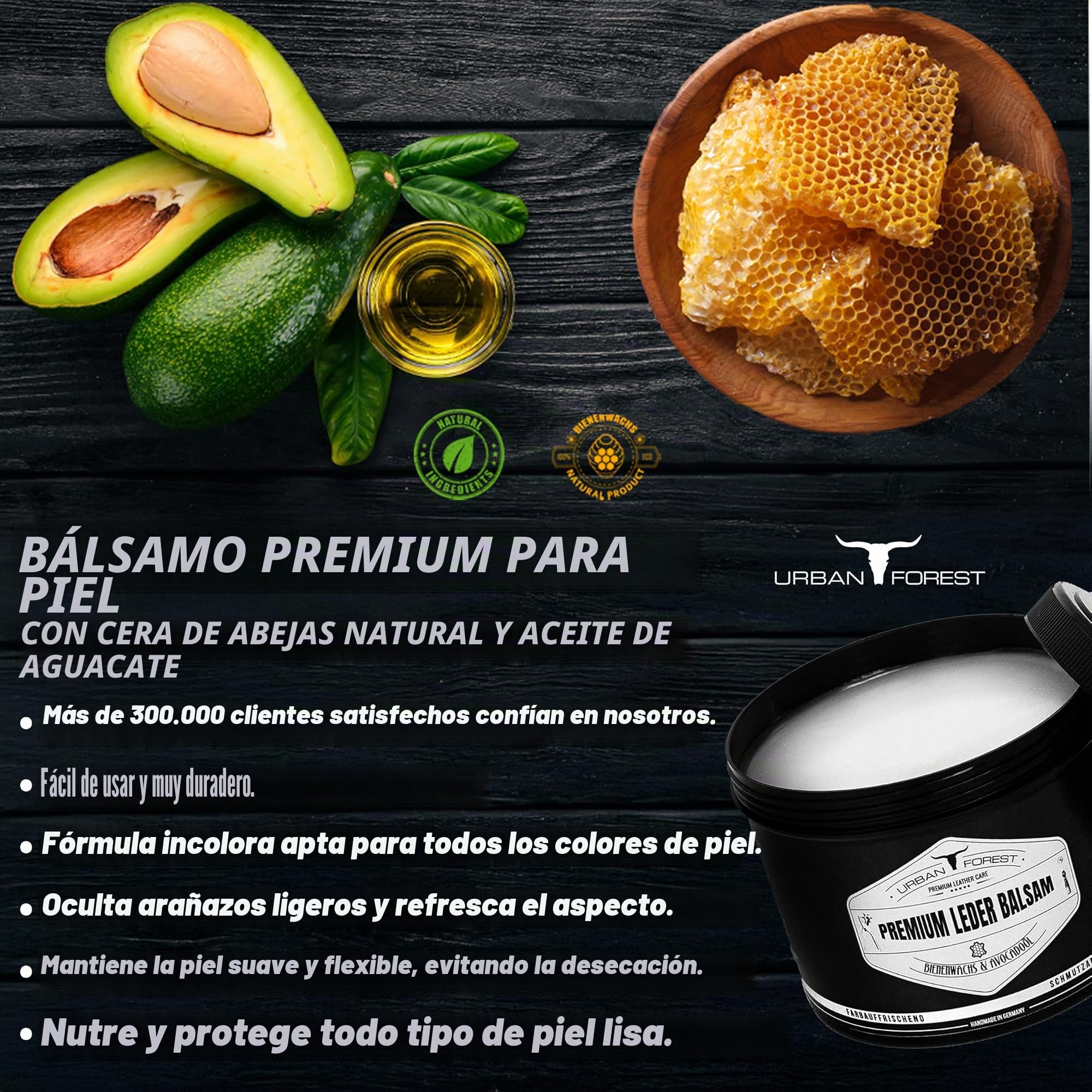 Cuidado del Cuero incoloro para Coche Muebles Chaquetas Bolsos sofá Zapatos sillín Cuero BÁLSAMO de URBAN FOREST con Aceite de Cera de Abejas y Aguacate, tamaño: 500ml