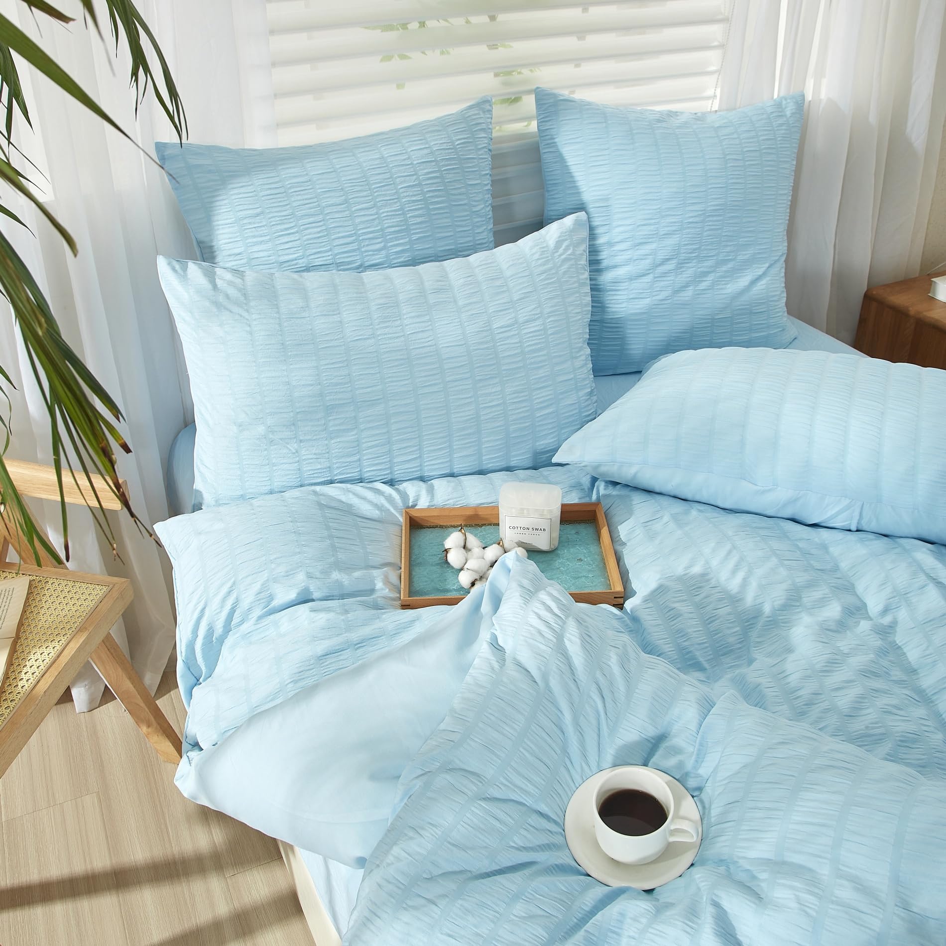 Seersucker Bettwäsche 135x200 4teilig Blau Gestreift Bettwäsche Seersucker Modern Bettwäsche Sommer Weich Atmungsaktiv Mikrofaser Bettbezug Set mit Reißverschluss und 2 Kissenbezüge 80x80 cm