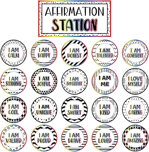 Affirmation Station - Juego de tablones de anuncios de composición positiva para el aula, mentalidad de crecimiento, decoración de lunares y rayas,