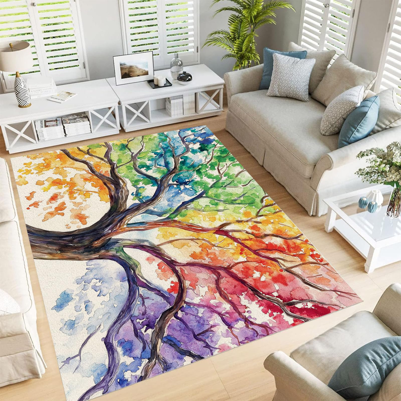 Tapis de bain feuilles colorées aquarelle pour une décoration de salle de bain nature