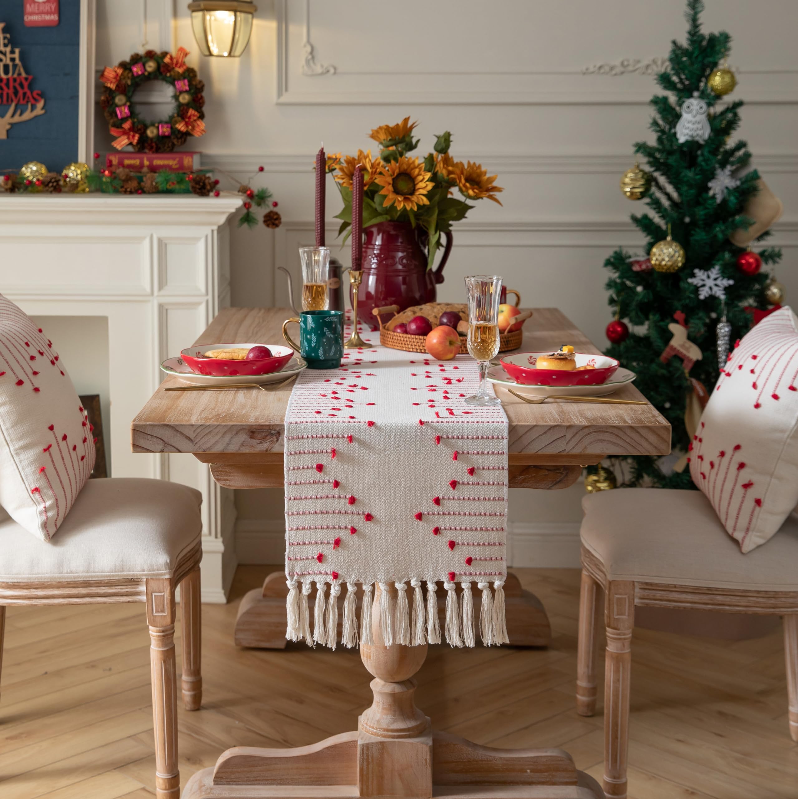 Christmas Table Runner 13 x 90 Inch Long Natural Cotton Woven Runner with Tassels for Home Dining Christmas Decorations, for Modern Farmhouse Holiday Boho Table Runner, Red and Beige