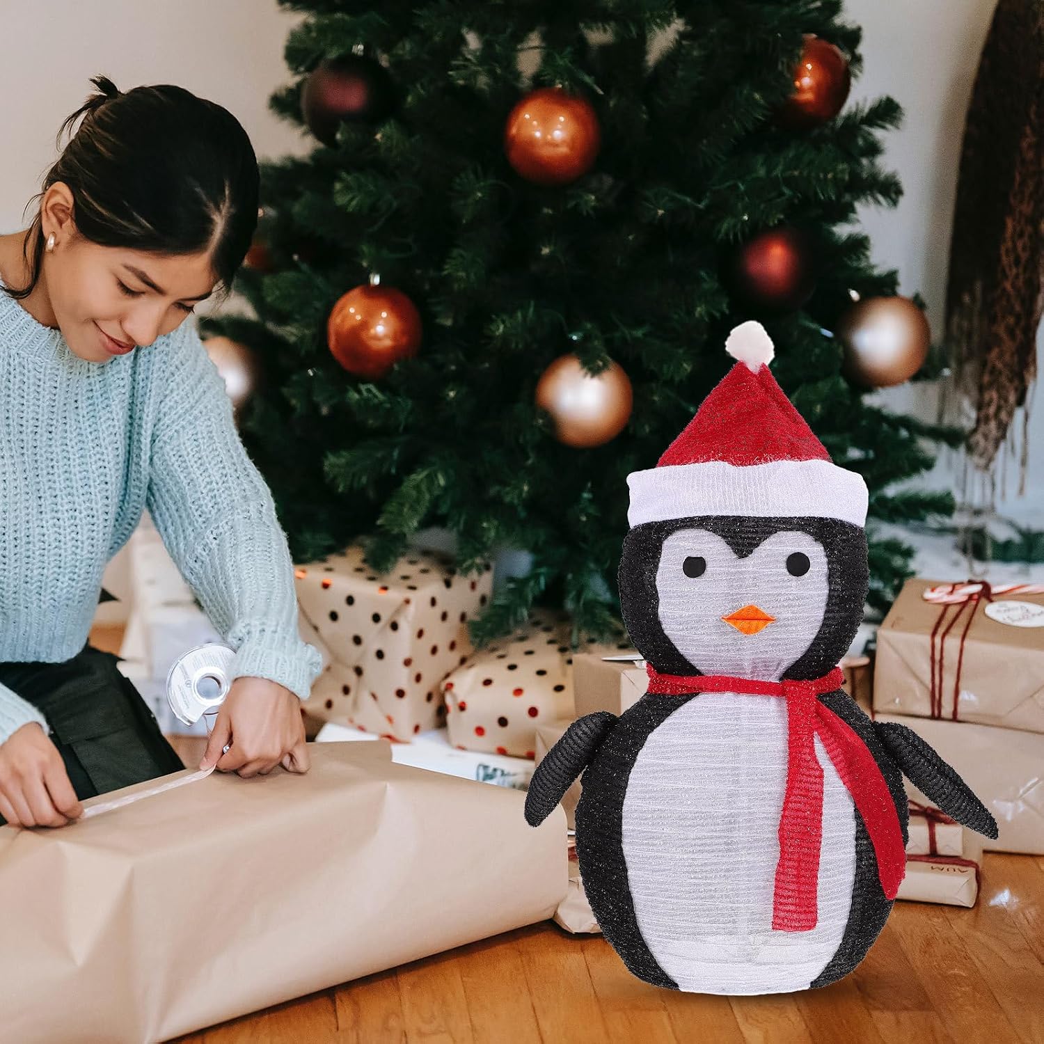 SOLUSTRE Luminous Christmas Decor Penguin Figurine Ornament with 0.8w Light Source Power, Red Cloth and Iron Material, Retains Shape and Color, for Home or Study Xmas Lighting Decoration