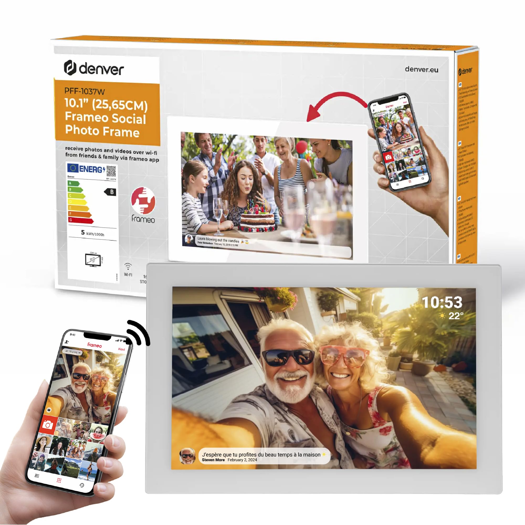 Denver PFF-1037W Cadre Photo numérique Wi-FI FRAMEO 10,1 Pouces, écran Tactile IPS 1280 x 800, mémoire 16 Go, Application iOS/Android, Blanc