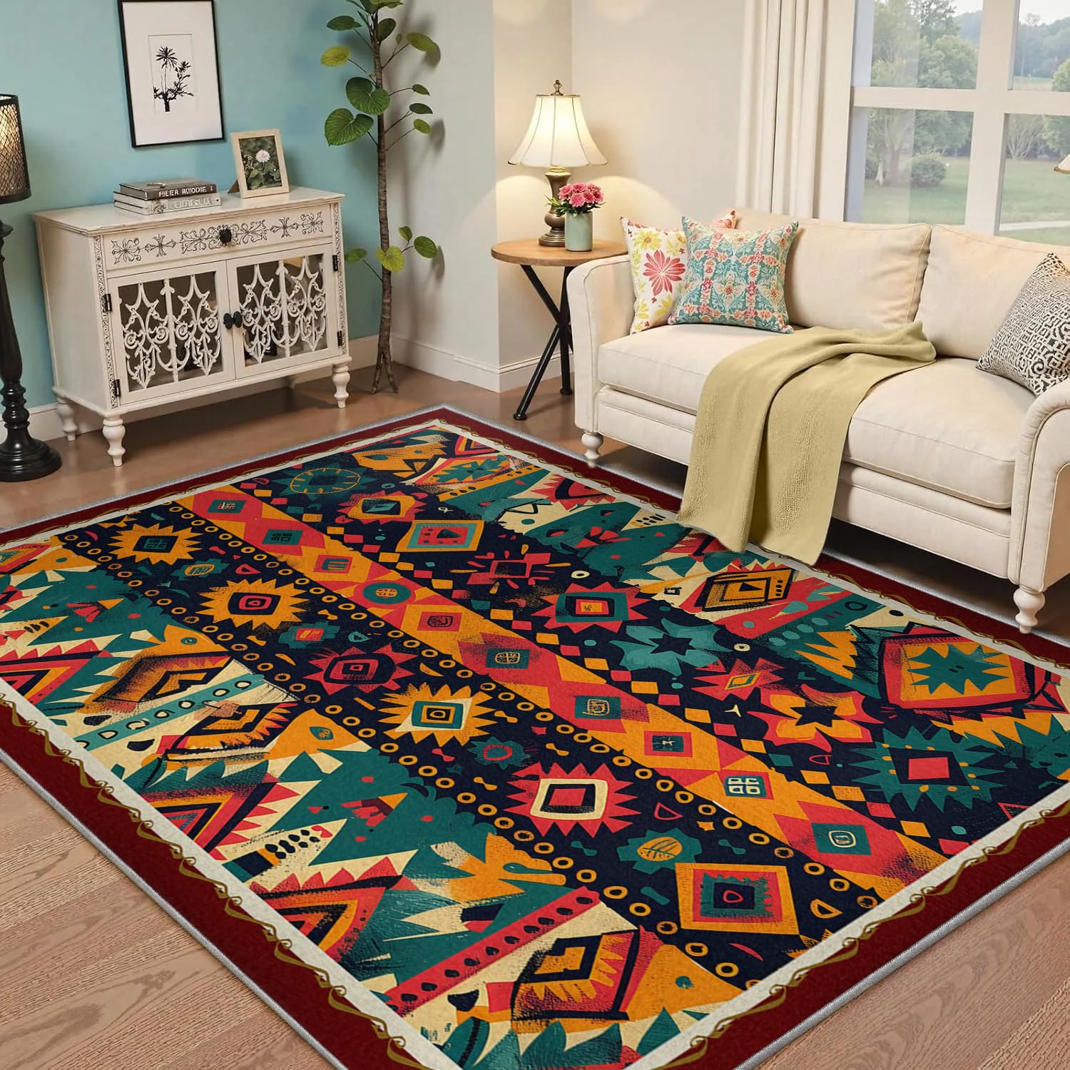 Tappeto colorato tribù etnica azteca Tappeti boho nativi americani lavabili per soggiorno Tappeto per interni morbido antiscivolo a pelo basso per camera da letto 60x90cm