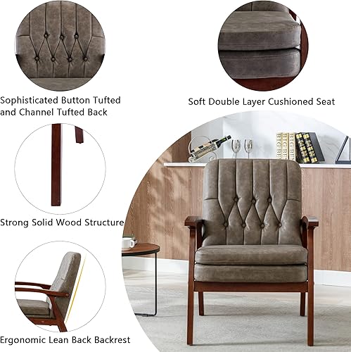 Miniatura 4 de Setawix Silla con brazo decorativo de piel sintética, silla de sala de estar de mediados de siglo con brazos, silla individual tapizada de piel