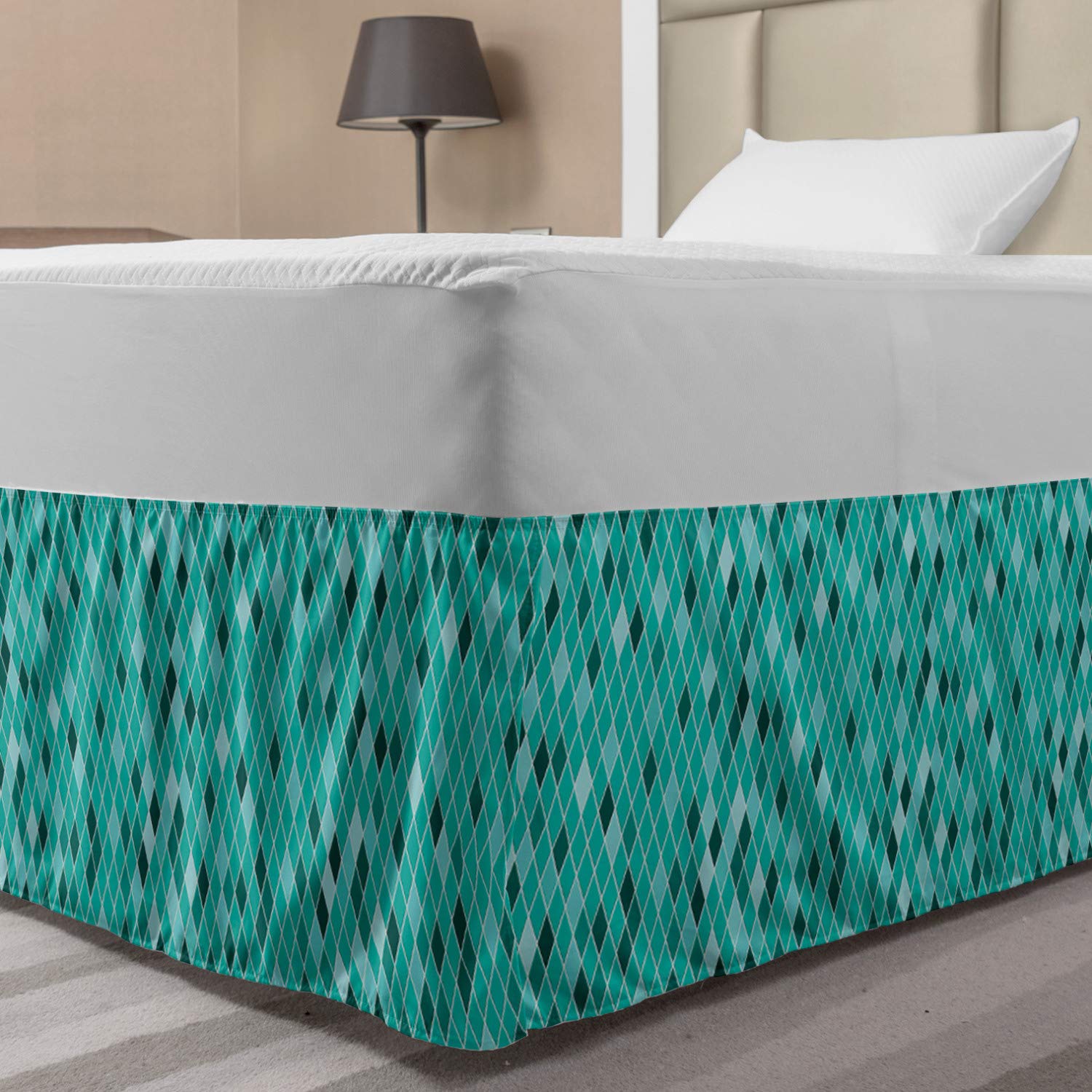 Lunarable Turquoise Elastic Bed Skirt Small Pattern Rhombuses Diamond Shape Mosaic Tiles Simple Classical Wrap Around Fabric Bedskirt