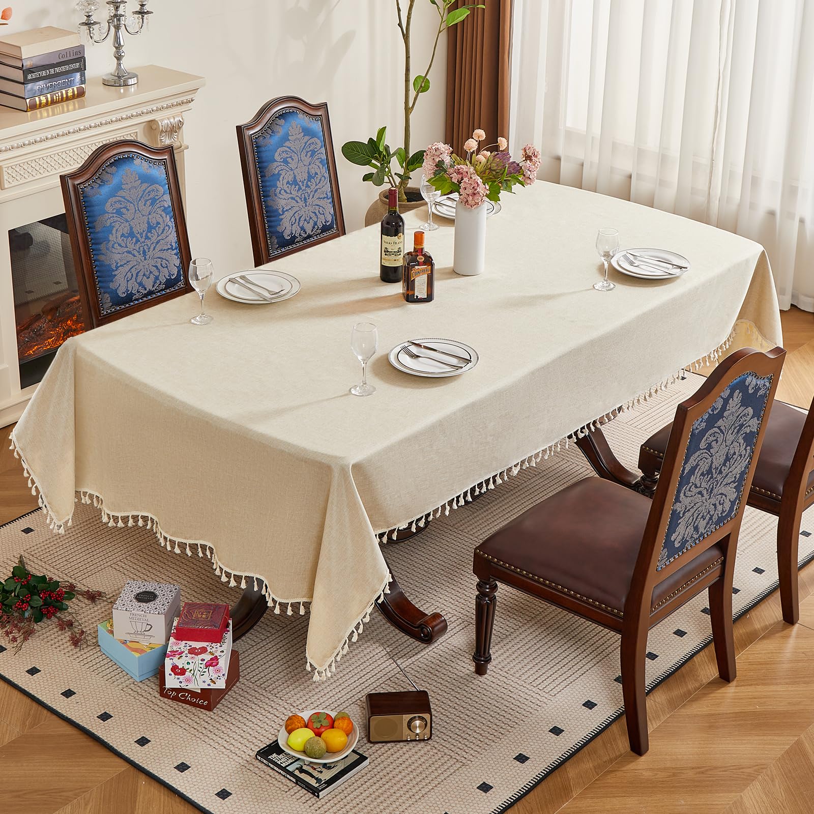 Nappe Beige, Rectangulaire 155 x 350 cm, à Pompons, n Lin Nappe, Unie et de Haute Qualité, pour Cuisines, Salles à Manger, Salons et Espaces Extérieurs.
