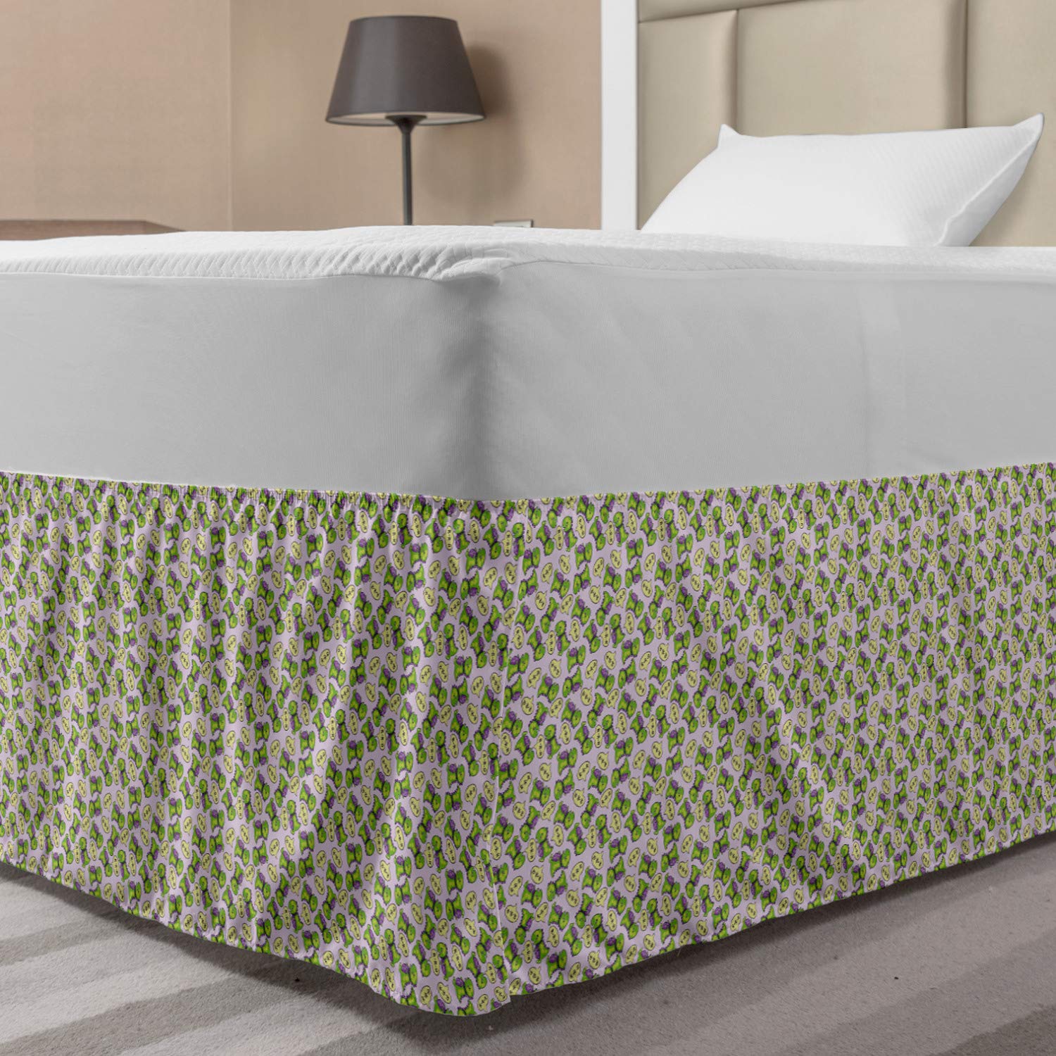 Lunarable Fantasy Bed Skirt Green Dinosaurs Pattern Speech Bubbles Archeology Animal Elastic Bedskirt Dust Ruffle Wrap Around for