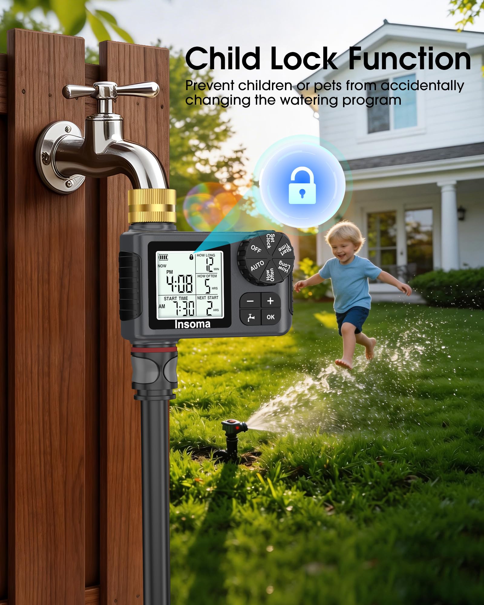 Timer irrigatore con ingresso e uscita in ottone, timer per acqua per tubo da giardino con modalità auto/manuale/ritardo pioggia, facile installazione timer per prato, giardino, irrigazione vacanze, 1