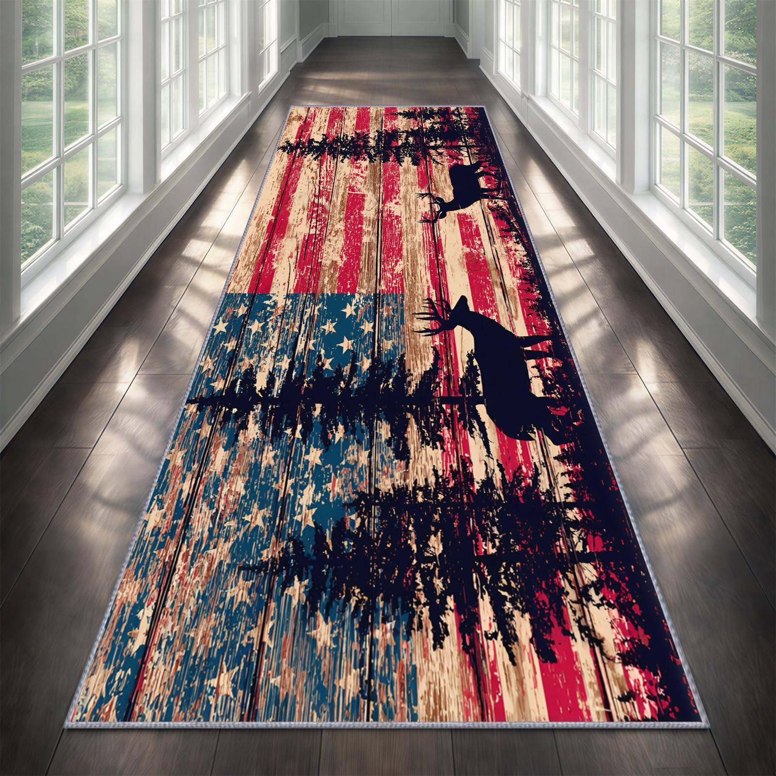 Hirsch Teppich Läufer 100x300cm, Vintage-Flagge Teppichläufer, Country Retro Elch Teppichläufer, Weicher Kurzflor Teppich für Wohnzimmer, Flur, Eingang, Esszimmer