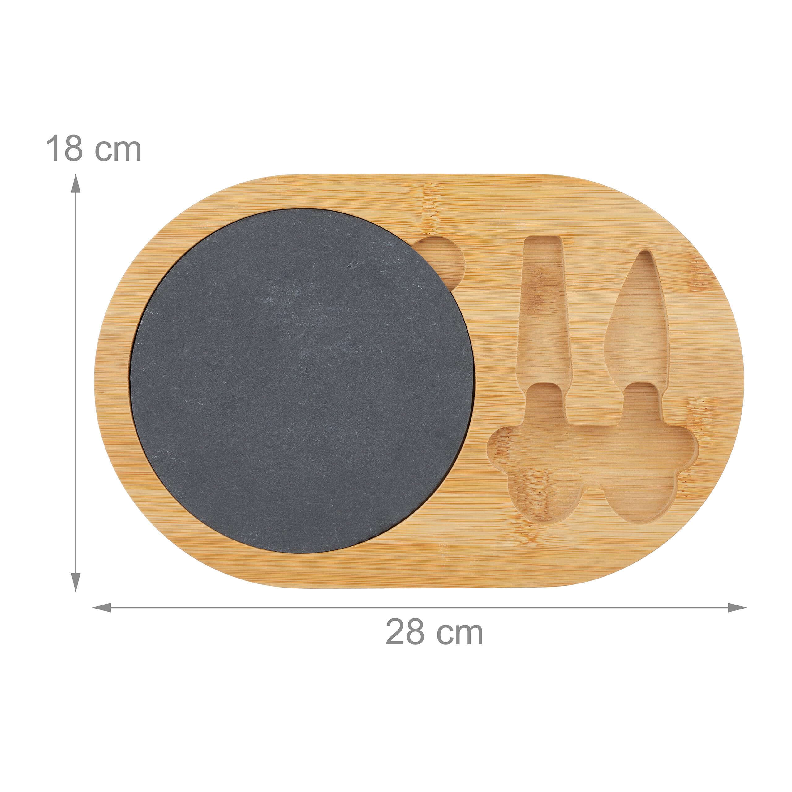 Relaxdays Set Tabla de Quesos, Bandeja Embutidos con 2 Cubiertos, Plato Pizarra, 28 x 18 cm, Bambú, Natural y Negro