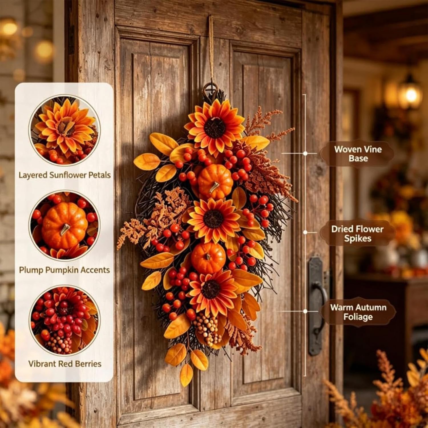 Artificial Autumn Swag, Sunflower Pumpkin Berry Harvest Décor, 21.6inch