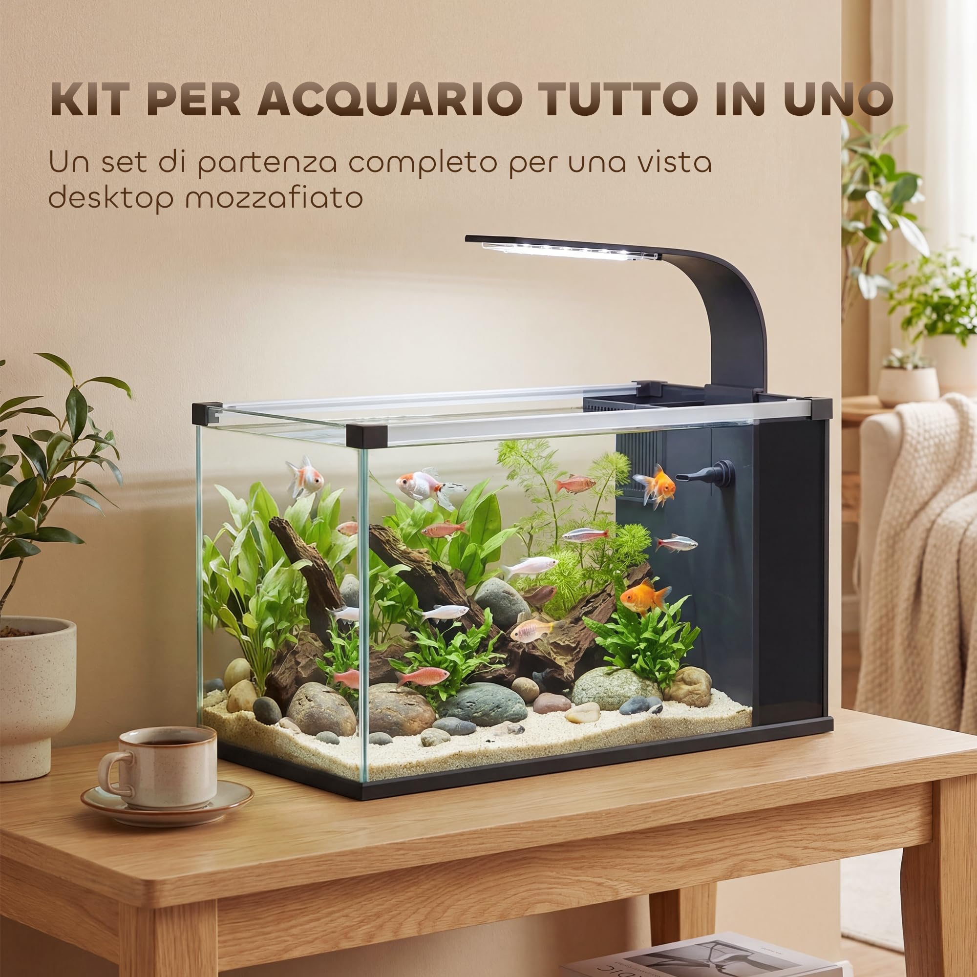PawHut Acquario in Vetro Temperato 24L, Acquario Completo Piccolo Trasparente con Filtro Integrato, Luce LED e Pompa dell'Acqua per Pesci Tropicali, Pesci Rossi, Casa, Ufficio, 45x25x25.5 cm, Nero