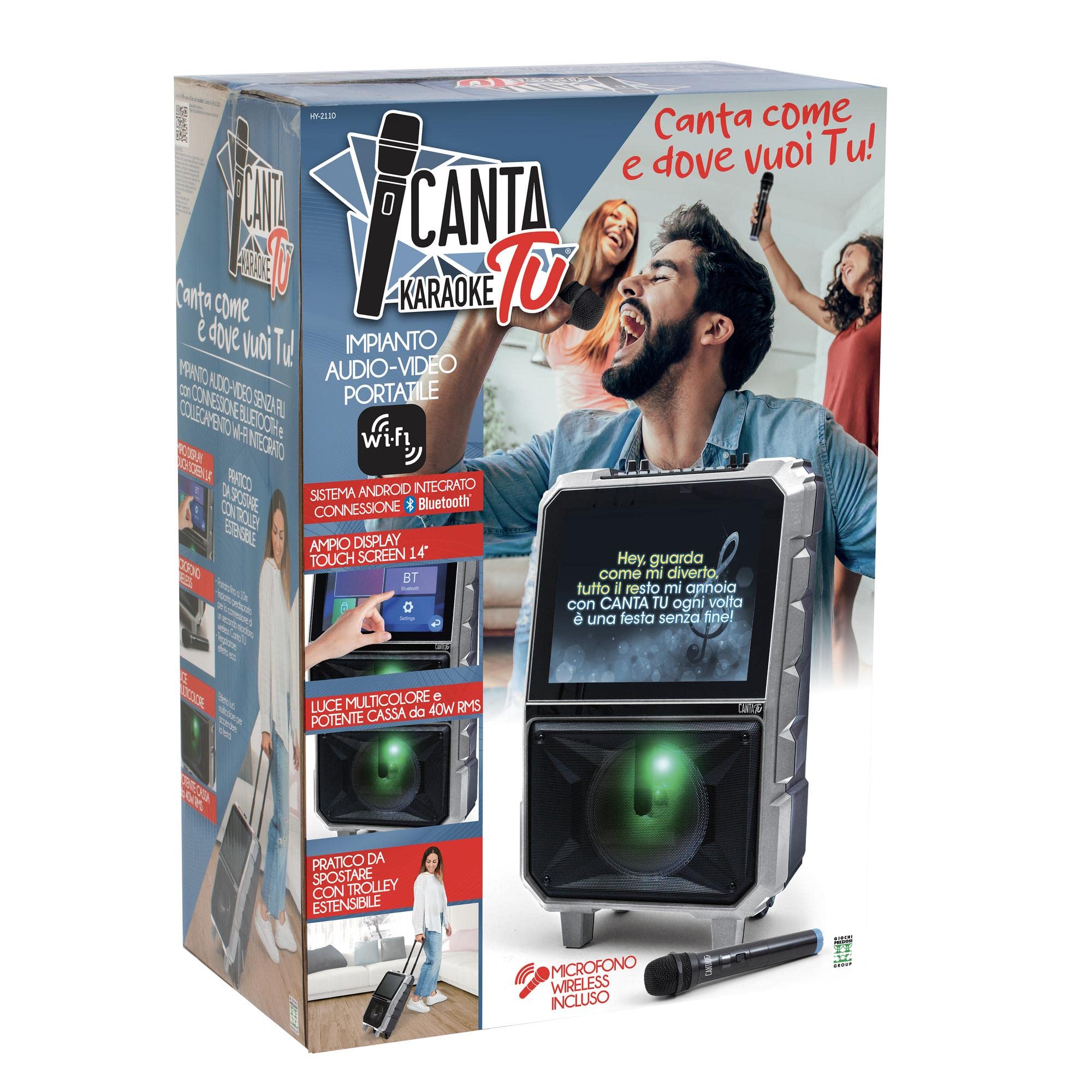Canta Tu Karaoke Professionale Completo, Sistema Audio-Video Portatile con Microfono con Effetto Eco e Regolazione Volume, Touch Screen 14", Wi-Fi, Cassa 40W RMS, 4 Ore di Carica, 2 Frequenze Radio