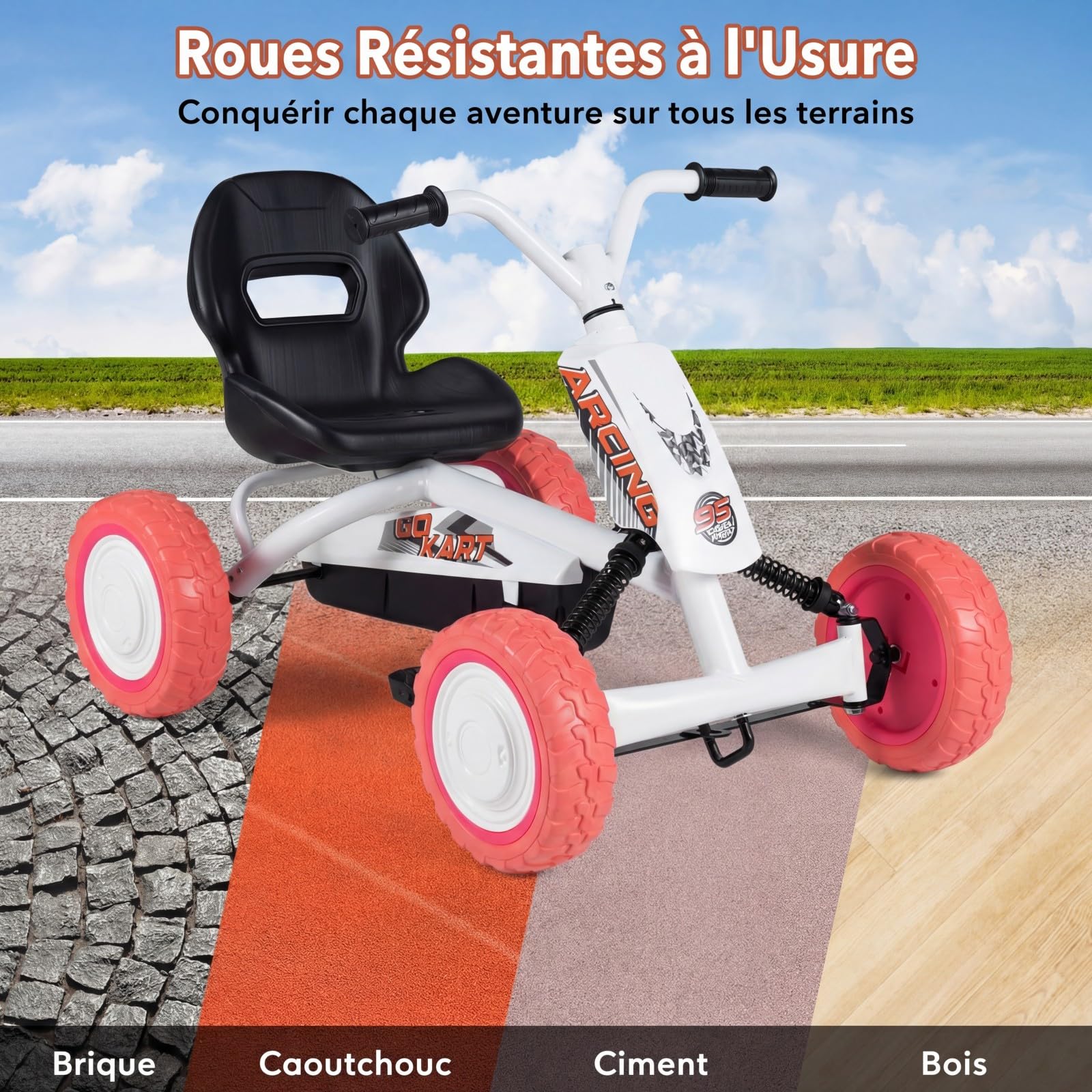 DREAMADE Kart à Pédales pour Enfants avec Siège Réglable 2 Positions, 4 Roues Résistantes à l'usure, Angle de Sécurité Limité, Karting Enfant pour Garçons et Filles de 3+ Ans, Charge 30 kg (Blanc)