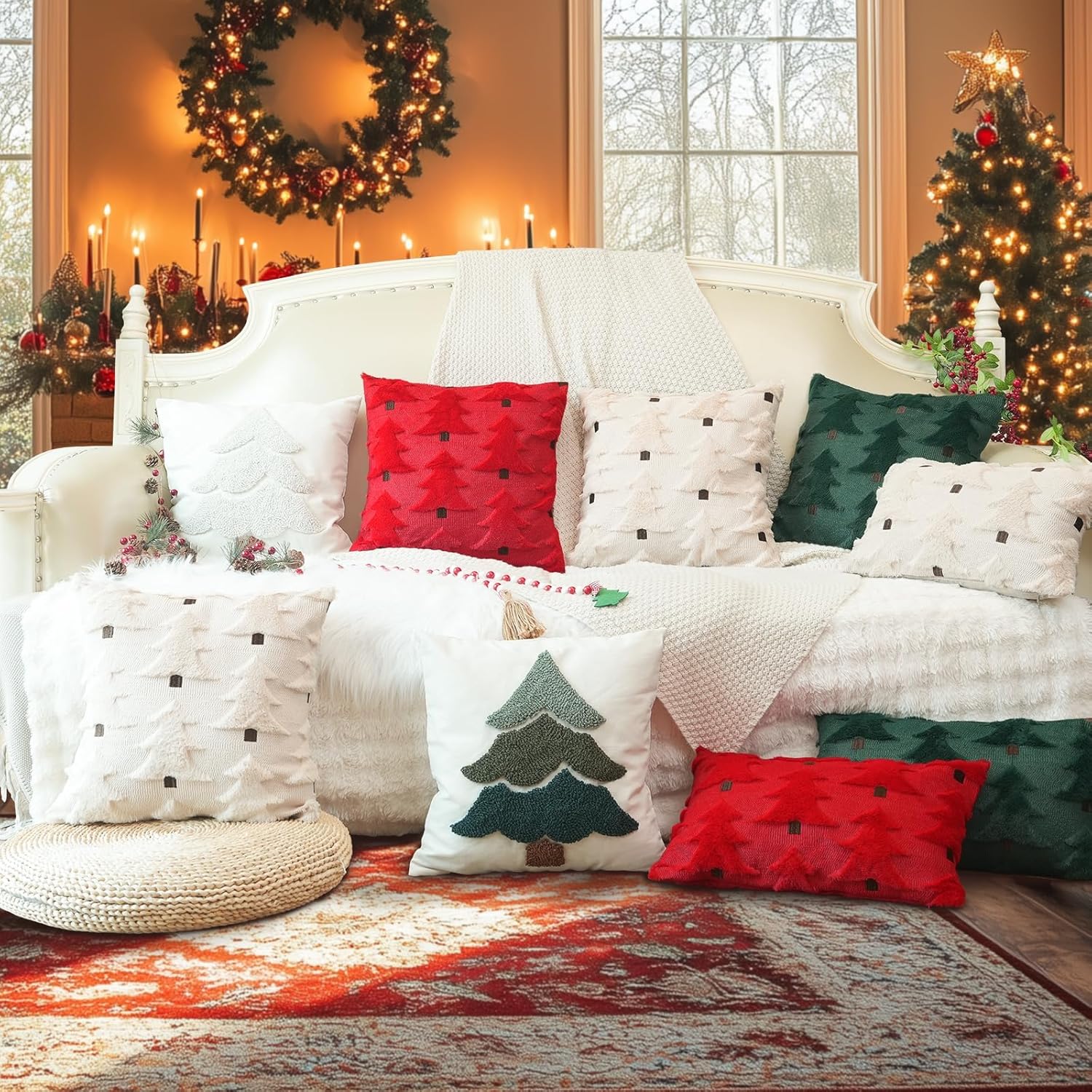 GEEORY Christmas Pillow Covers 22x22 Inch Set of 2, Christmas Decorations Xmas Tree Soft Plush Fluffy Faux Fur Decorative Throw Pillows Farmhouse Winter Cushion Case Red Brown GC035-22