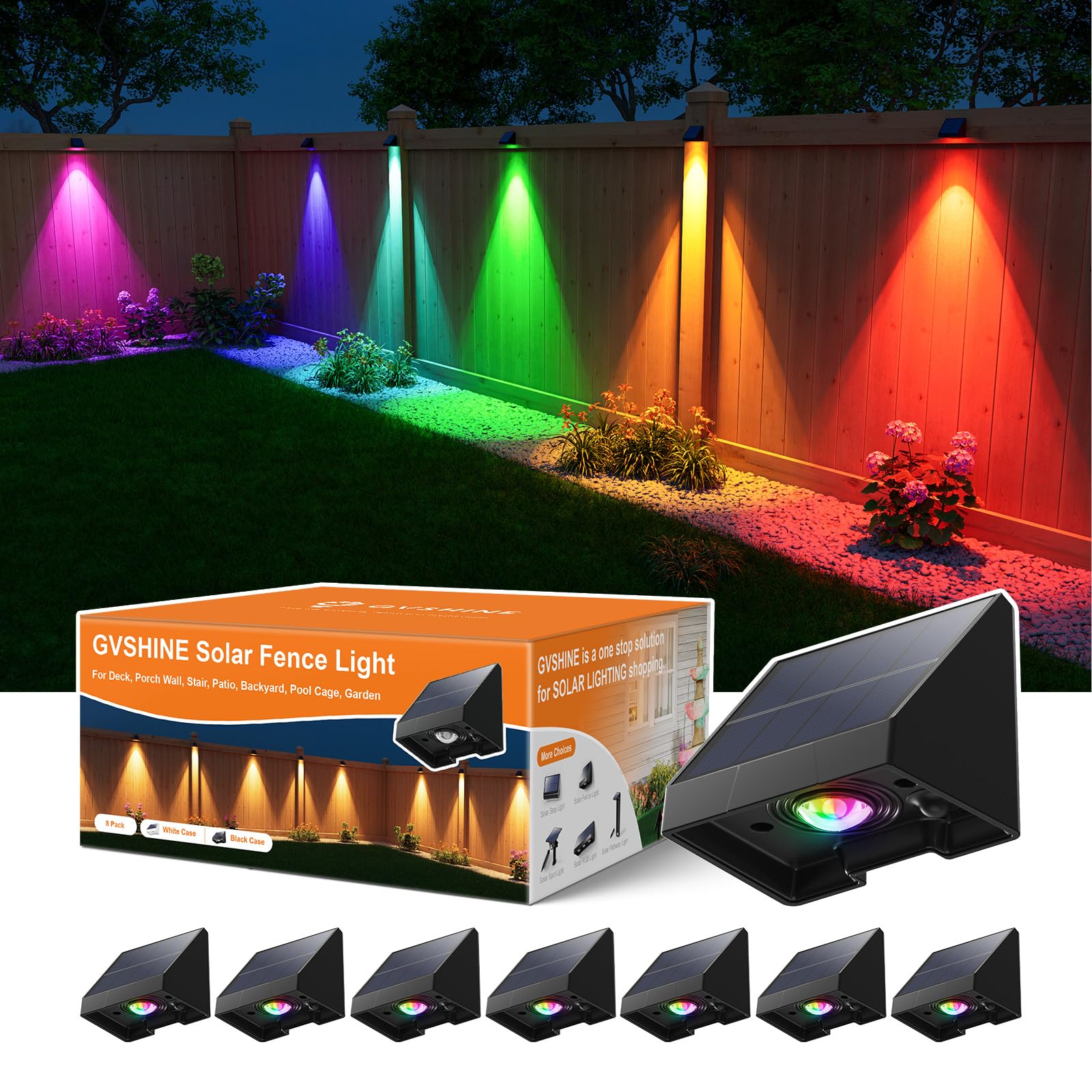 8 Pack Color Changing Solar Powered Fence Lighting Outdoor Decoration LED Waterproof Landscape Down Light for Outside Door, Garden, Balcony, Patio,
