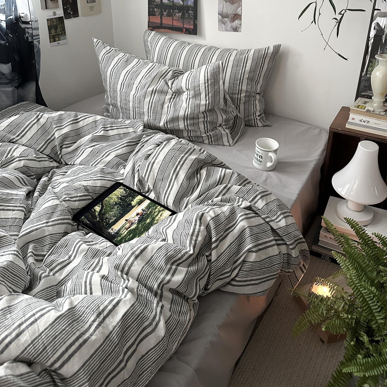 Striped Duvet Cover Set, Queen Size, Dark Grey &amp; White, 3 Pieces