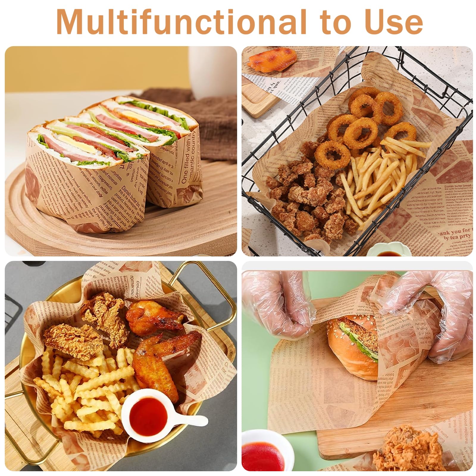 200 Blatt Deli Papierblätter, Backpapier Zeitungsoptik, Einweg Wrap Papier, Fettdichtes Papier für Lebensmittelkörbe, Brotpapier für Pommes Sandwich Burger Butterbrot Käse (15 x 15 cm)
