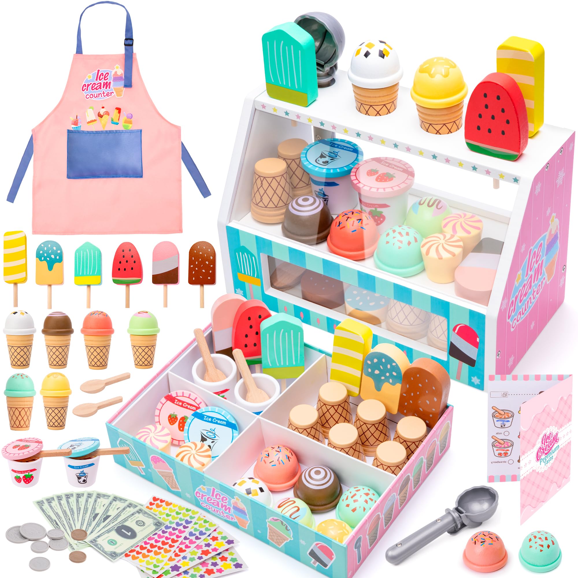 Ice Cream Toys for Kids, 51 Pieces Wooden Ice Cream Cart Role Play Toys for 3 to 7 Year Old Girls Boys Bithday Gifts