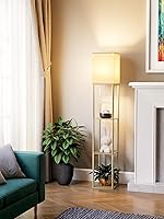 Vista 10 de Lámpara de pie con estantes para sala de estar roble gris, lámpara de pie con estante con bombilla LED de 3 CCT, lámpara de columna de pie