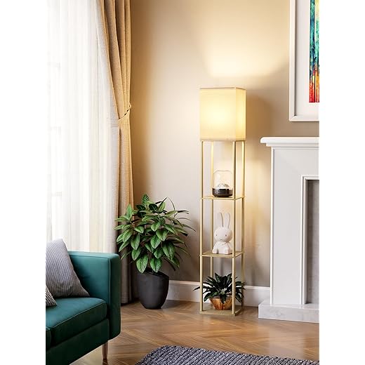 Floor Lamp with Shelves for Living Room Natural Wood, Shelf Floor Lamp with 3 CCT LED Bulb, Corner Display Standing Column Lamp Etagere Organizer Tower Nightstand with White Linen Shade for Bedroom