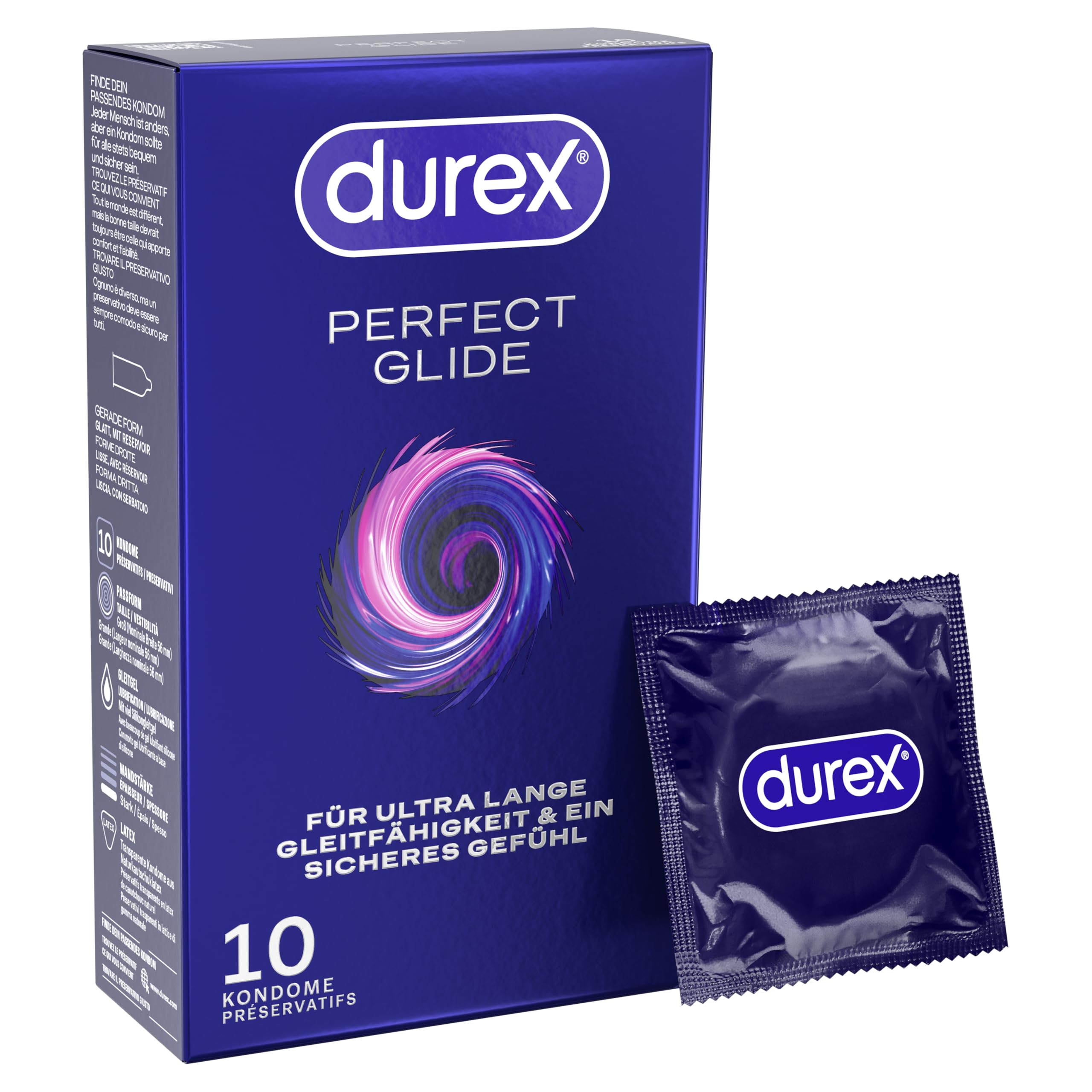 Durex Perfect Glide Kondome – Mit viel Silikongleitgel für besonders lange Gleitfähigkeit & ein sicheres Gefühl – 10er Pack (1 x 10 Stück)