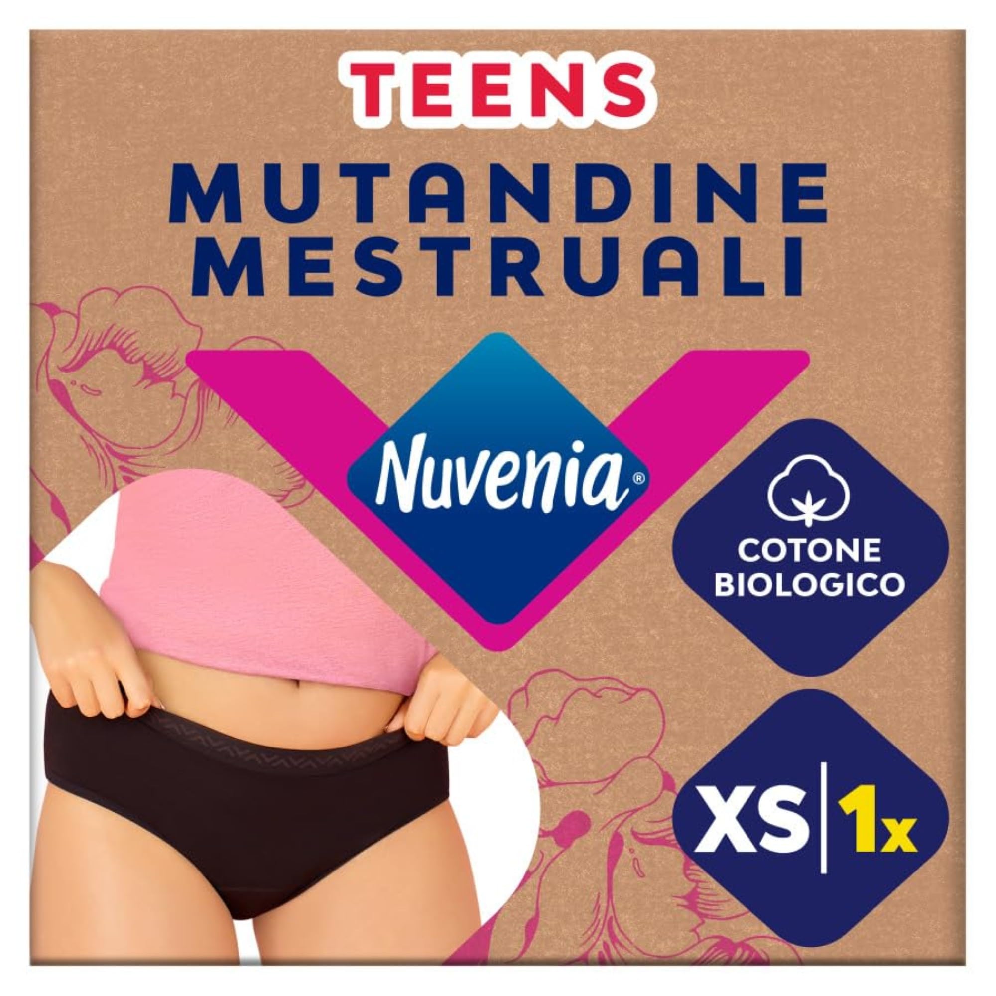 Nuvenia linea Teens, Mutandine Mestruali in cotone biologico, Lavabili e riutilizzabili con protezione integrata per Giorno e Notte, Flusso Abbondante, Colore Nero, Taglia XS, 1 confezione