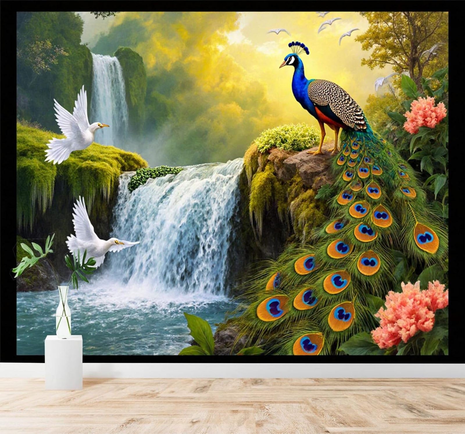Xlming 350Cm×256Cm(B×H) Waterfall Peacock Flying White Birds Pink Flowers Fairyland 3D Wallpaper Silky Texture Home Study Office Grey Dining Room Sofa Bedroom Living Room Tv Backdrop-350Cm×256Cm