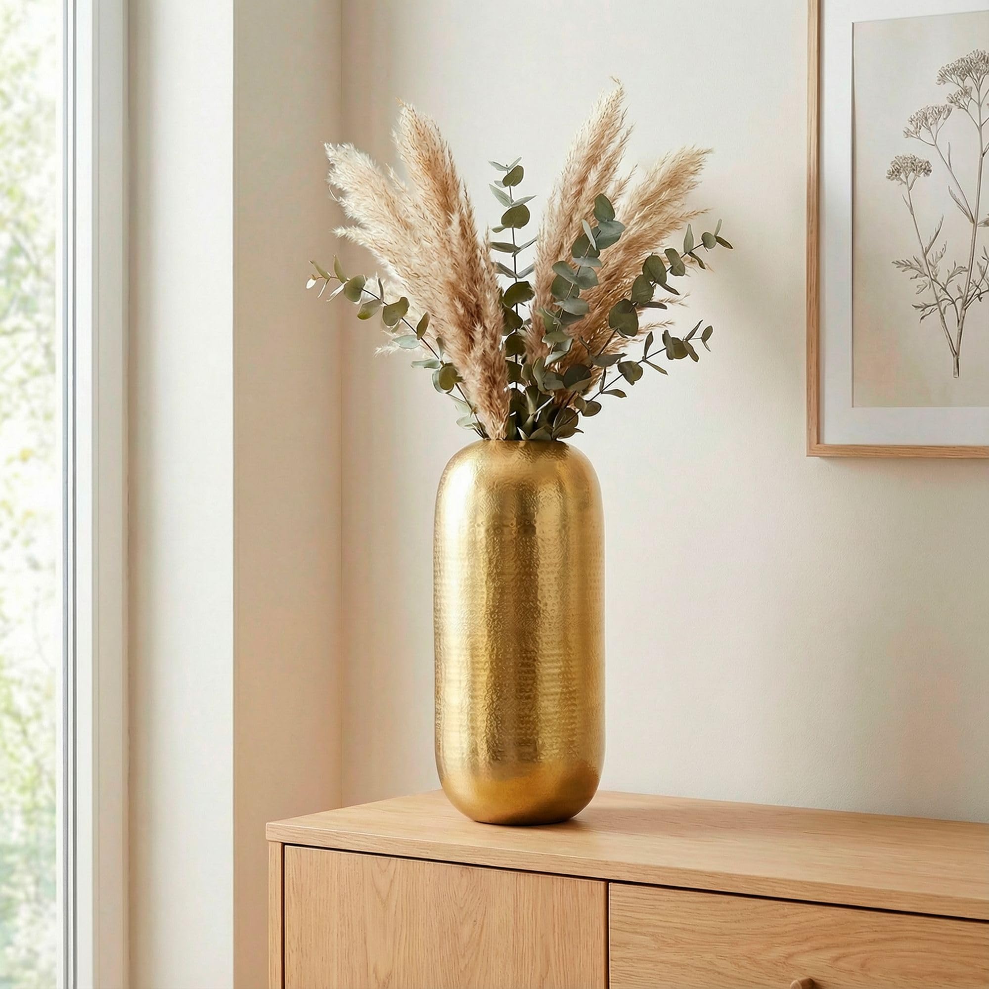 FineBuy Dekovase 45 cm Aluminium Gold, Bodenvase Gehämmert | Standvase in schlanker Form, Blumenvase handgefertigt, Wohndeko für Wohnzimmer, Esszimmer und Flur