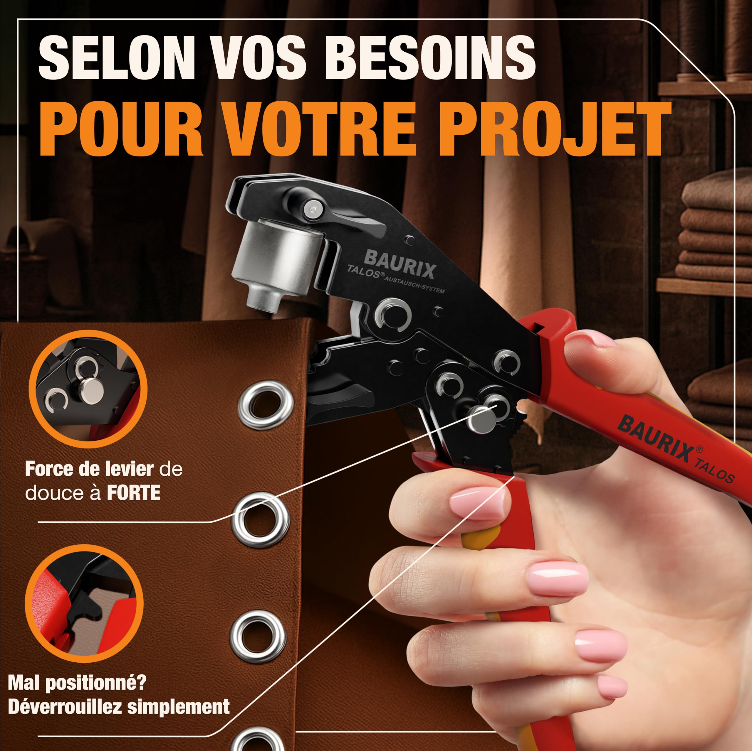 BAURIX® Pince à Oeillets avec 200 œillets (Ø10 mm) – Auto-perforante sans Pré-trou – pour Bâches, Tissus, Cuir & Textiles – pour Couturières, Bricoleurs & Artisans - TALOS