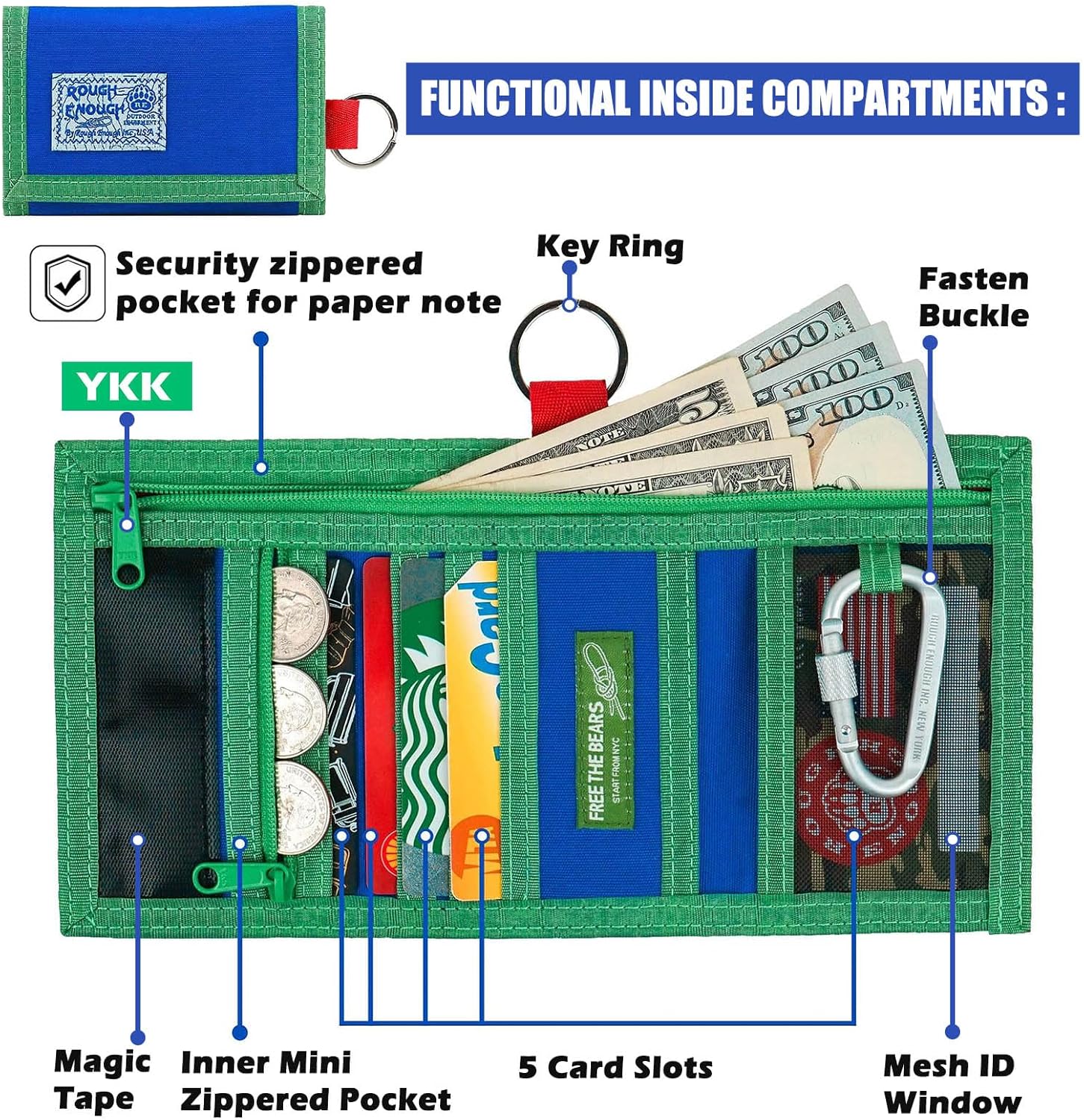Rough Enough Kids Wallet for Boys Teen with Neck Lanyard Keychain Waxed Canvas Blue Water Repellent - Image 4