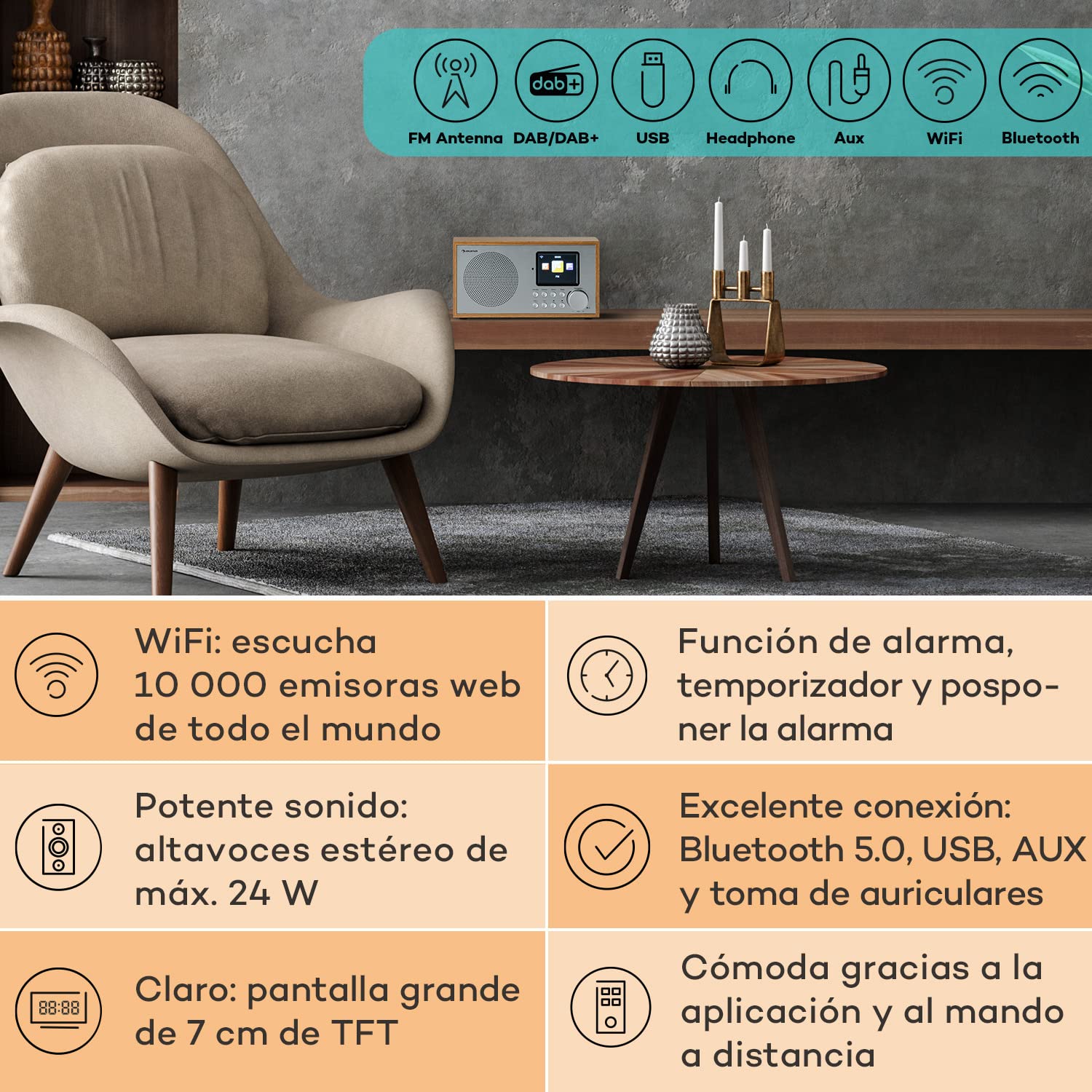 Auna Radio Portatil Pequeña, Digital con Bluetooth Recargable, Transistores Radio FM Pequeños Dab/Dab+, Altavoces Estéreo con Pantalla HCC, Streaming, con Despertador, y 5h de Duración, Mini Radio