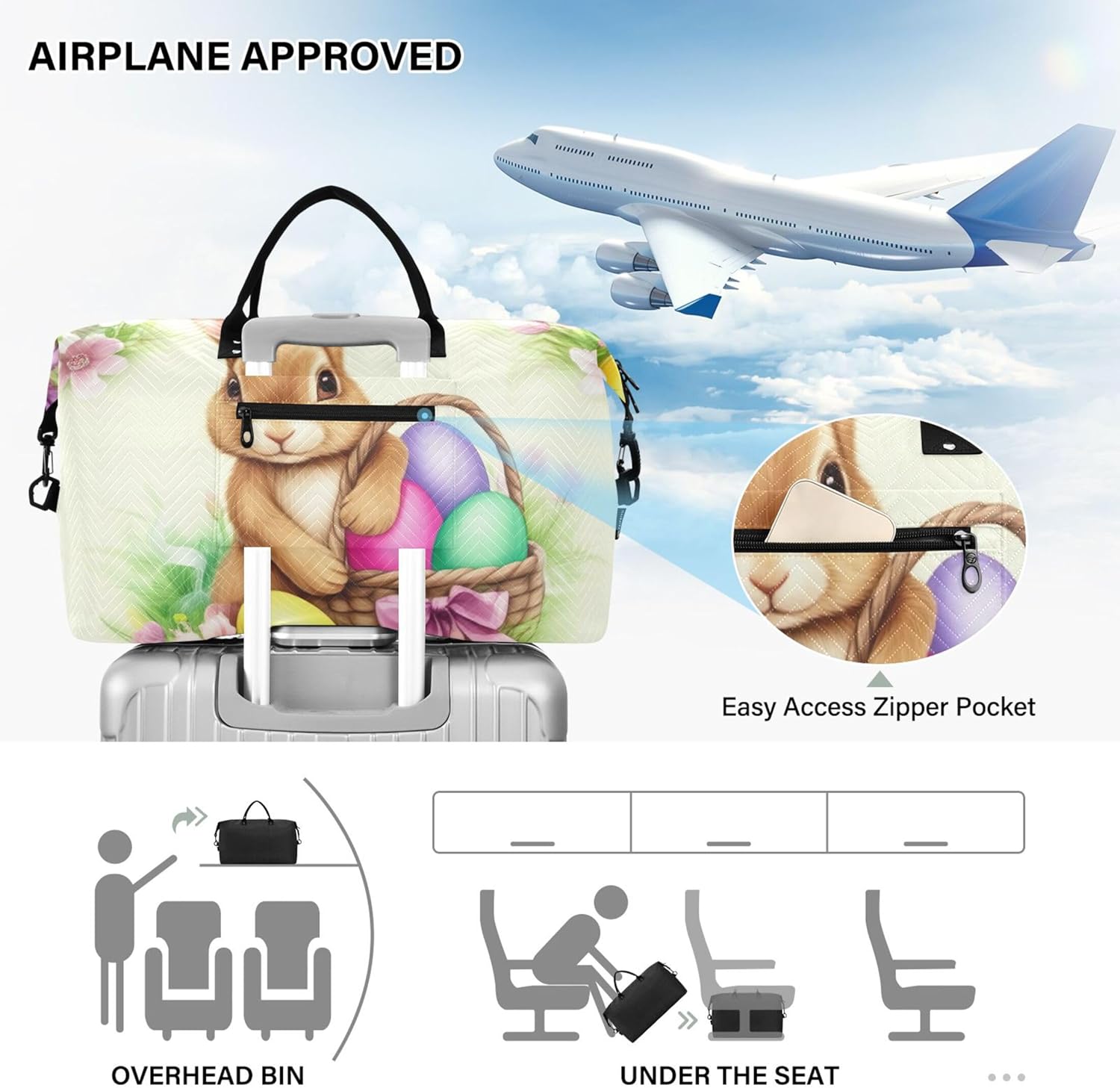 かわいいイースターバニーエッグトラベルダッフルバッグ&amp;トイレタリーポーチセット、美的女性キャリーオンオーバーナイトバッグトー