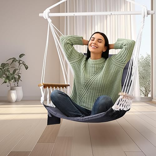 Miniatura 6 de Hamaca, columpio colgante para porche con reposabrazos de madera barra separadora de acero, kit de herramientas incluido tela acolchada hasta 350